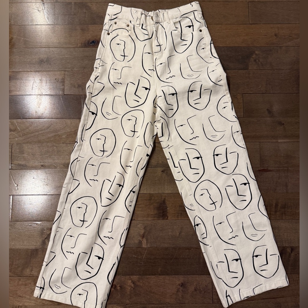 Abstract Face Print White Pants
